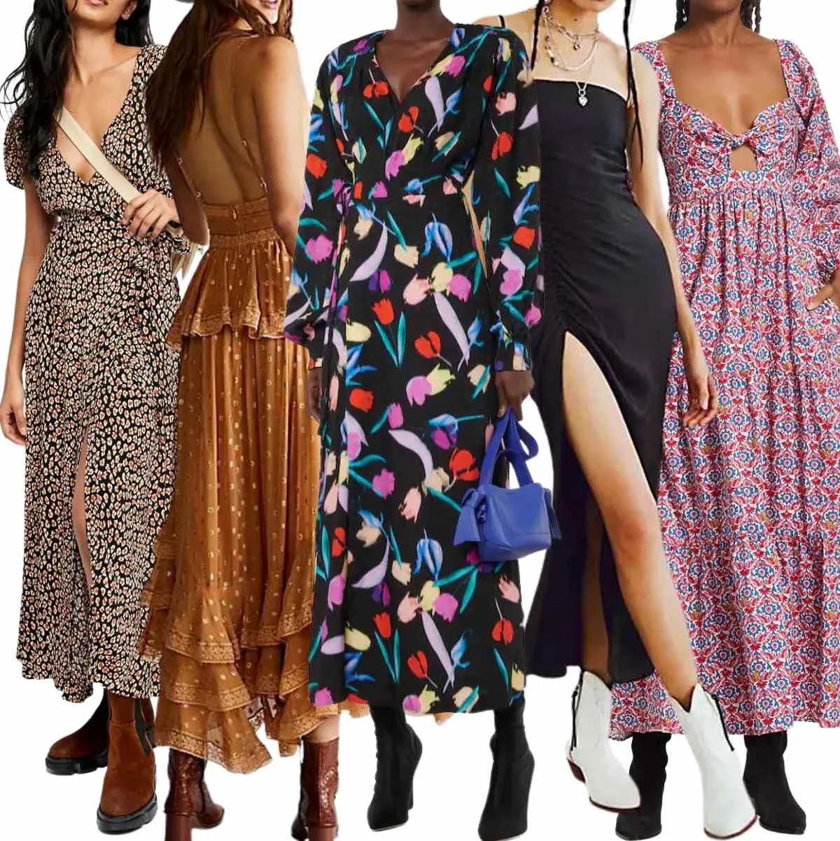 Collage of 5 women wearing different maxi dresses with ankle boots.