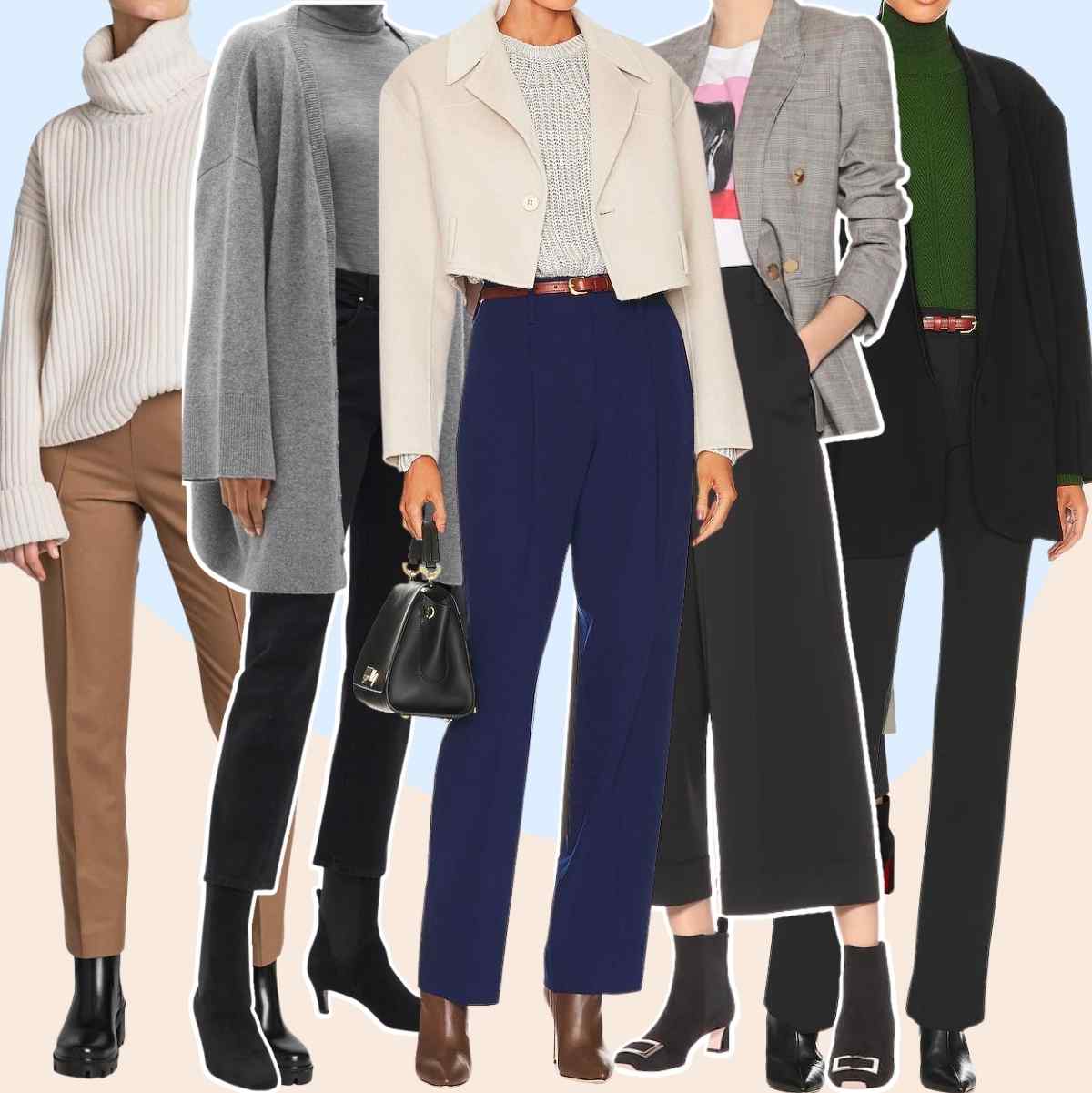 Collage of 5 women wearing different ankle boots with dress pants for work.