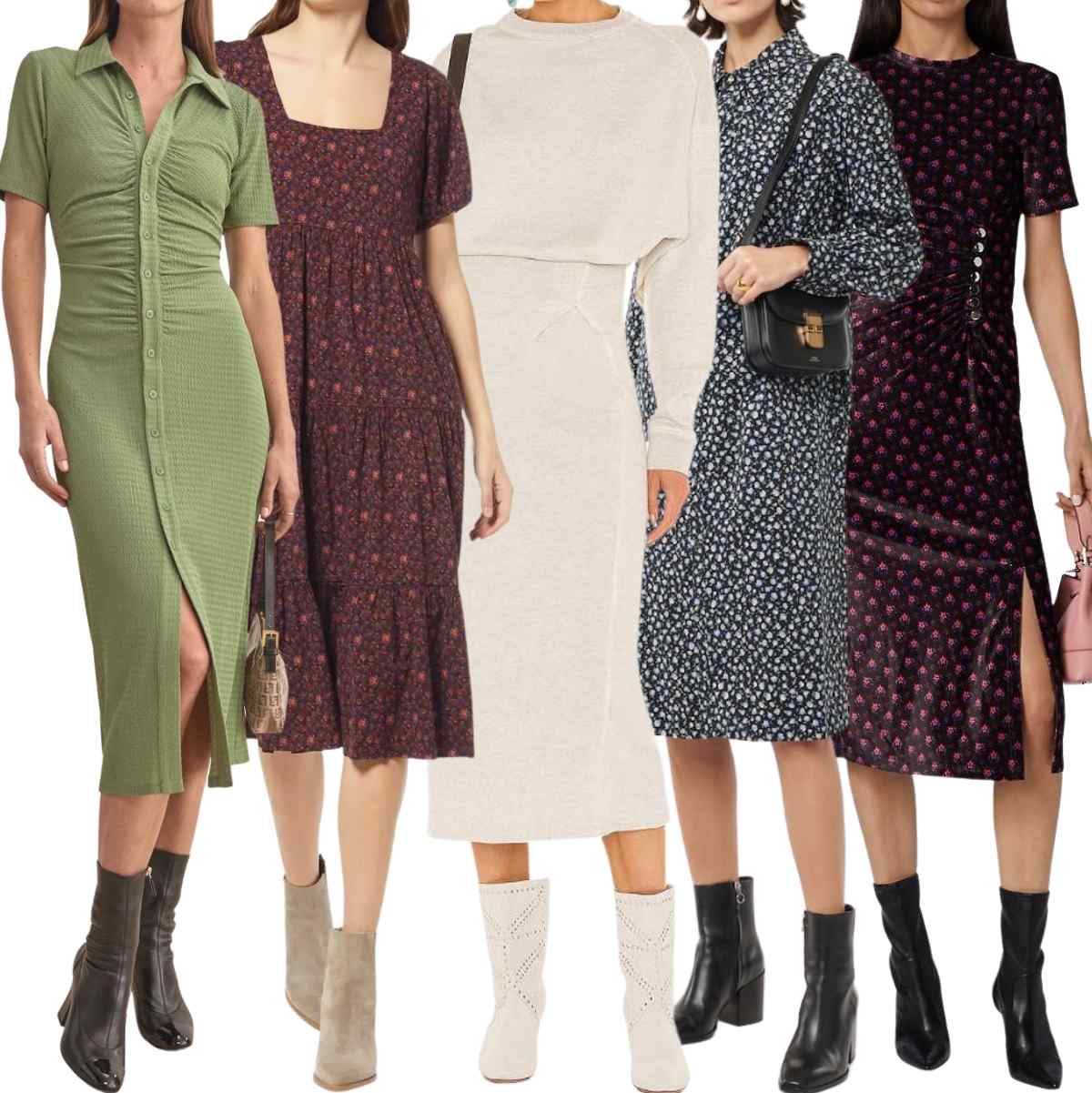 Collage of 5 women wearing different midi dresses with ankle boots.