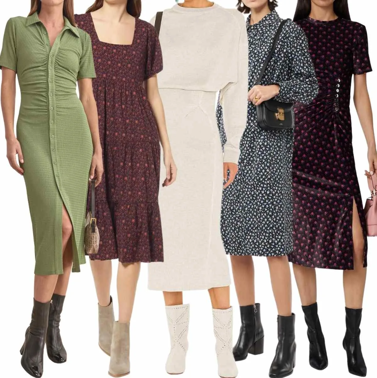 Collage of 5 women wearing different midi dresses with ankle boots.