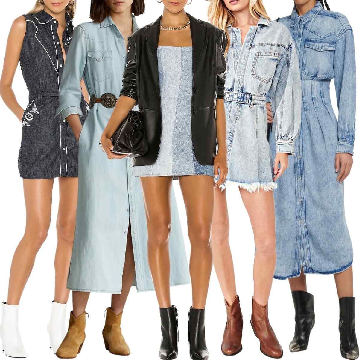 Collage of 5 women wearing different denim dresses with ankle boots.