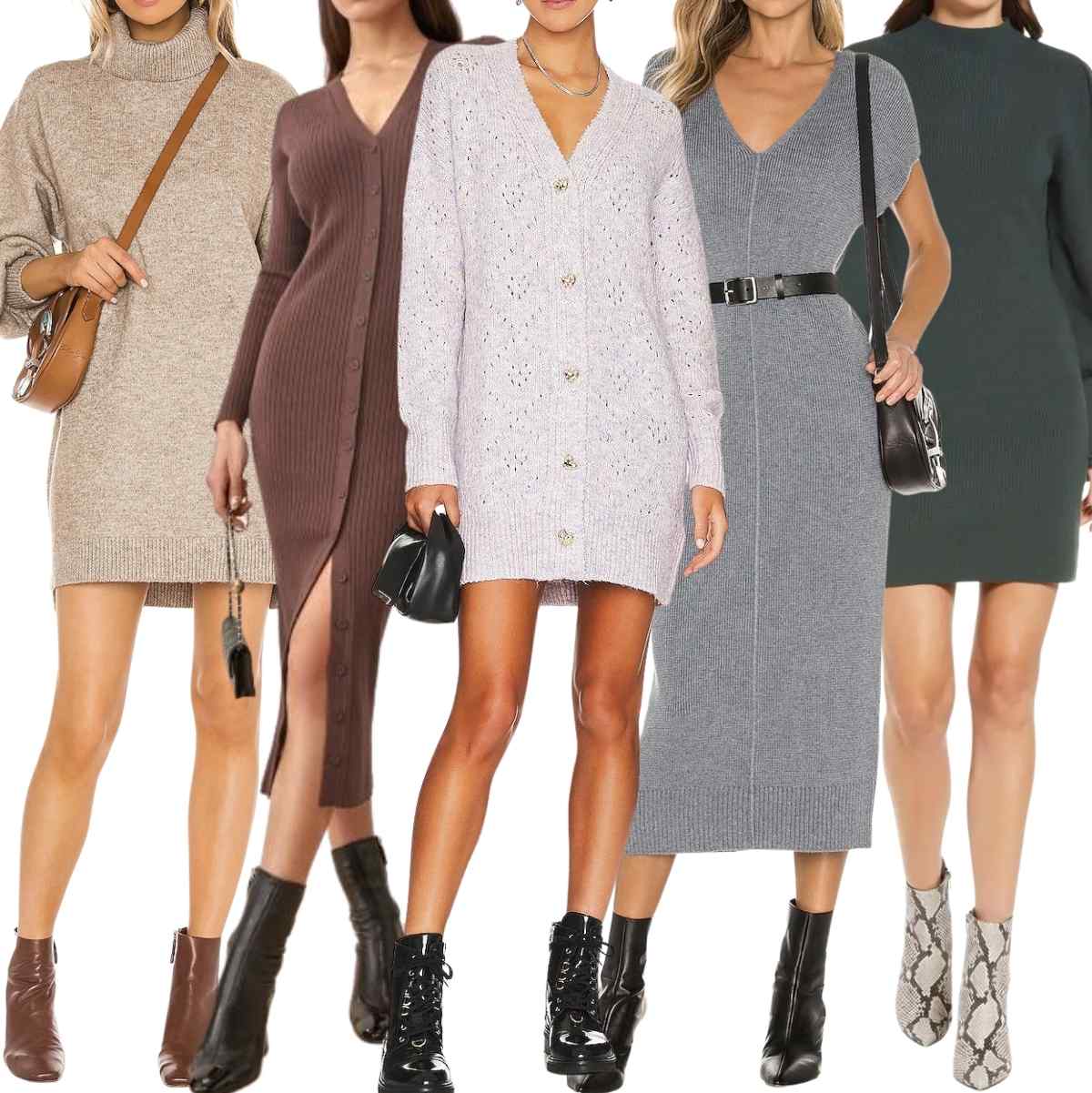 Collage of 5 women wearing different sweater dresses with ankle boots.