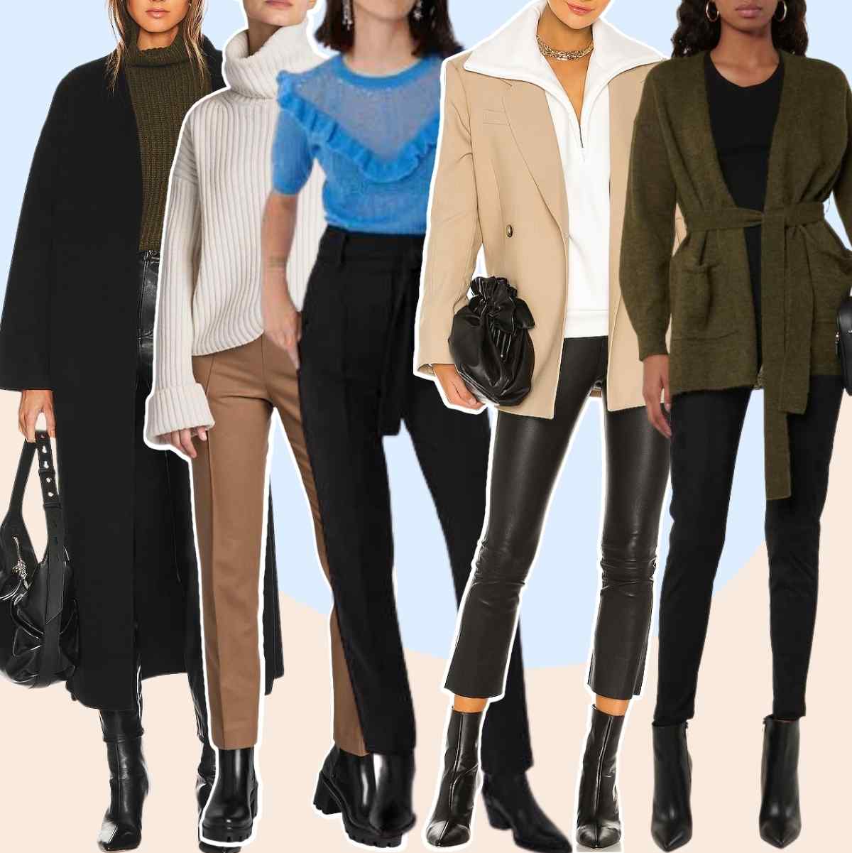 Collage of 5 women wearing different black ankle boots with dress pants that are skinny fit.