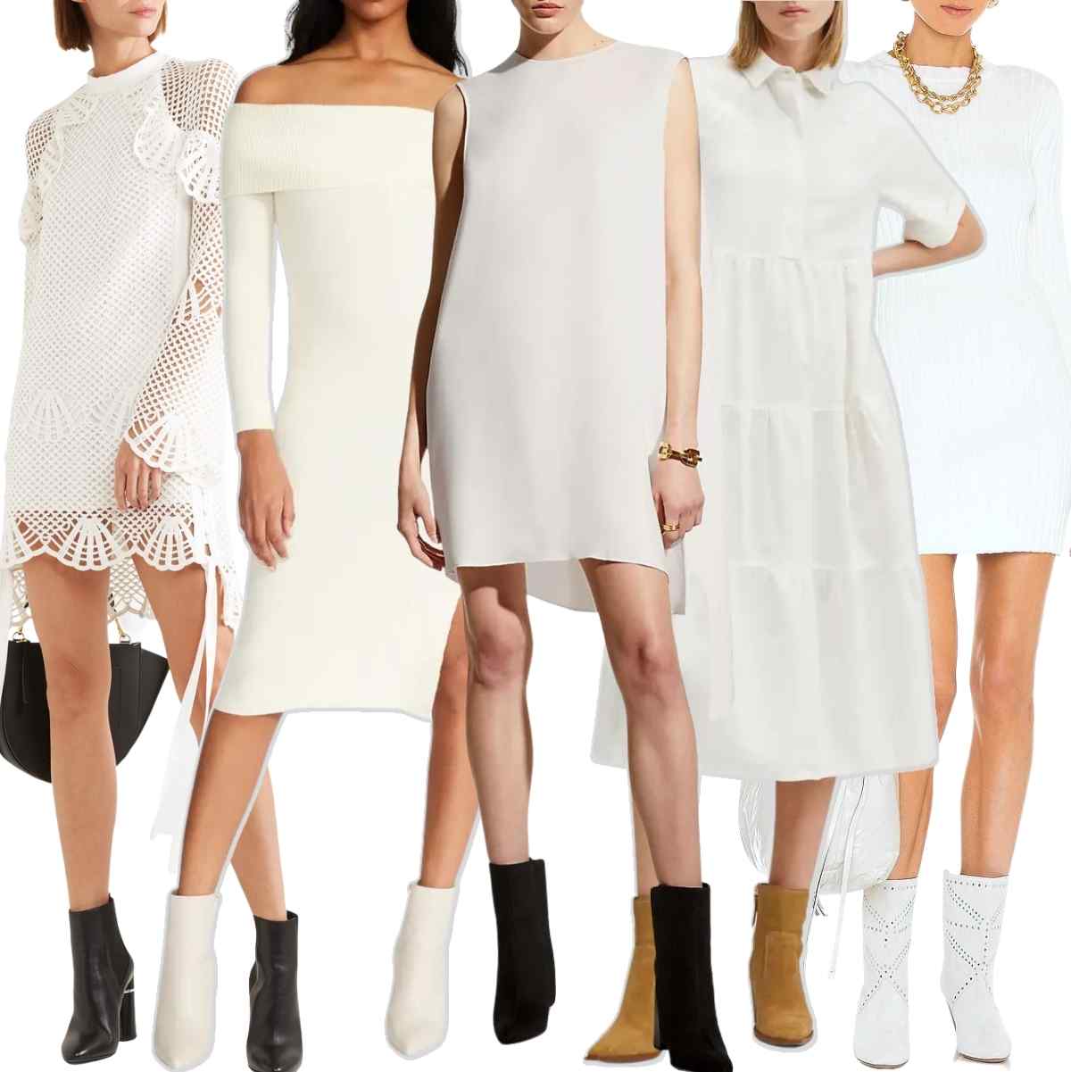Collage of 5 women wearing different white dresses with ankle boots.