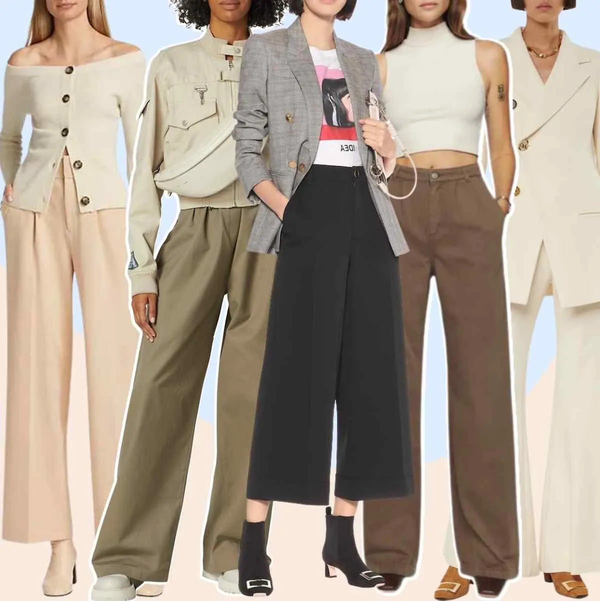 Collage of 5 women wearing different ankle boots with dress pants that are wide legged.