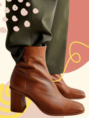 Collage of close up of woman wearing brown ankle boots and dress pants over various colors and shapes.