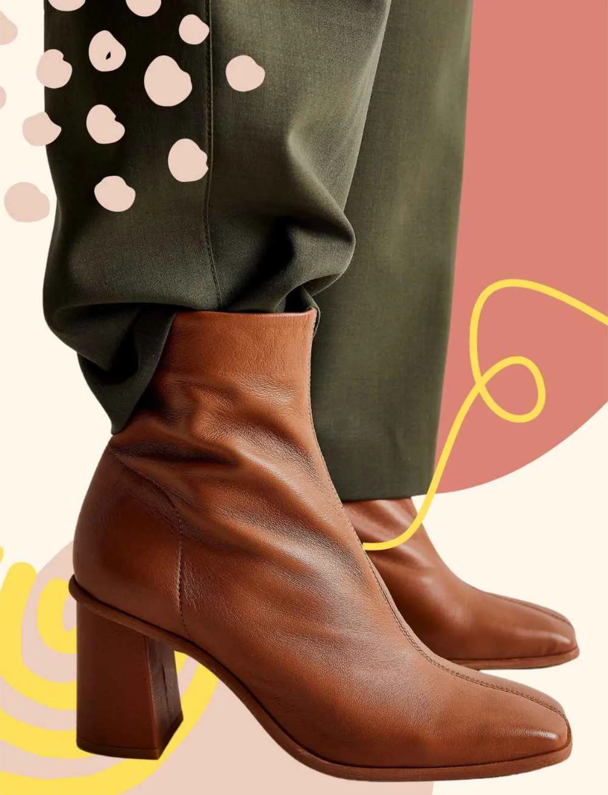 Collage of close up of woman wearing brown ankle boots and dress pants over various colors and shapes.