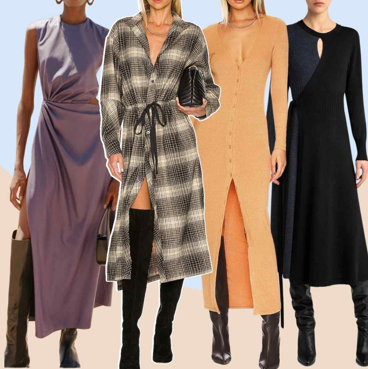 Collage of 5 women wearing thigh high boots outfits with midi and maxi dresses.