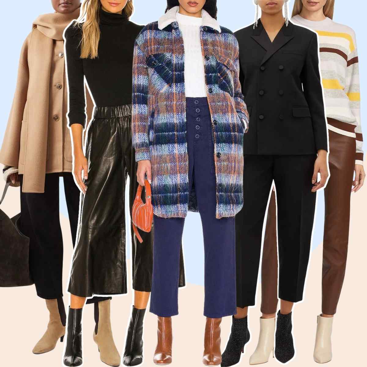 Collage of 5 women wearing different ankle boots with dress pants that are cropped.