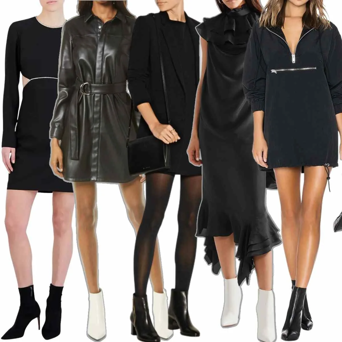 Collage of 5 women wearing different black dresses with ankle boots.