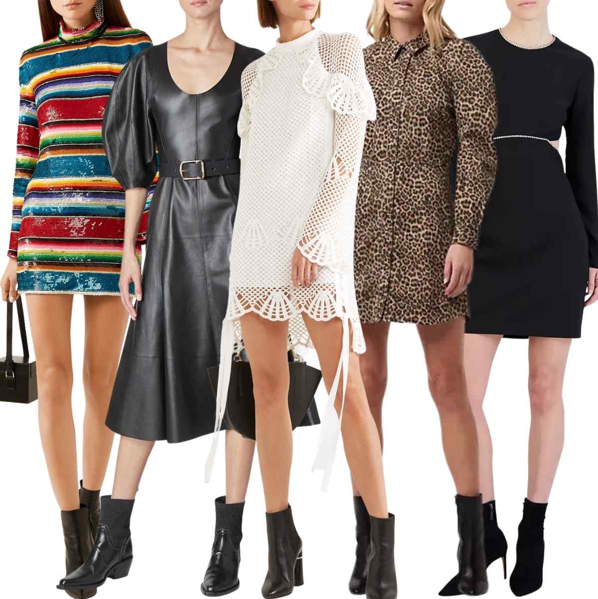 Collage of 5 women wearing different black ankle boots with dresses.