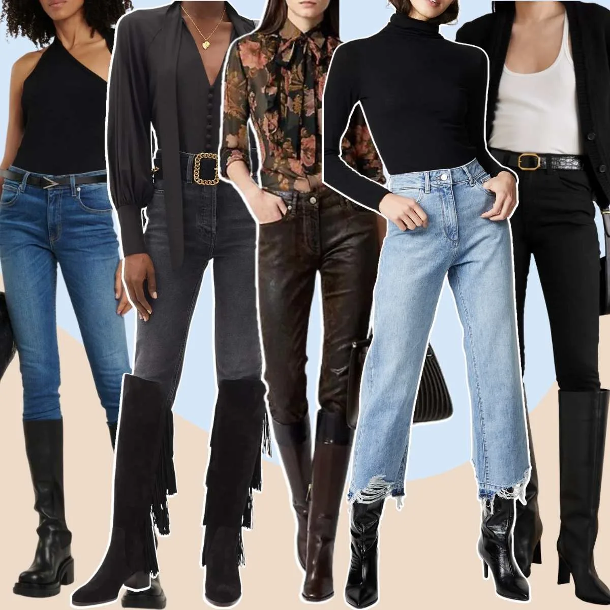 Collage of 5 women different knee boots with jeans.