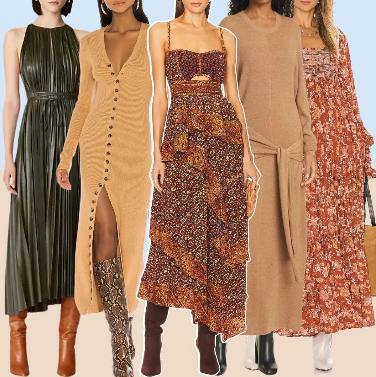 Collage of 5 women different knee boots with maxi dresses.