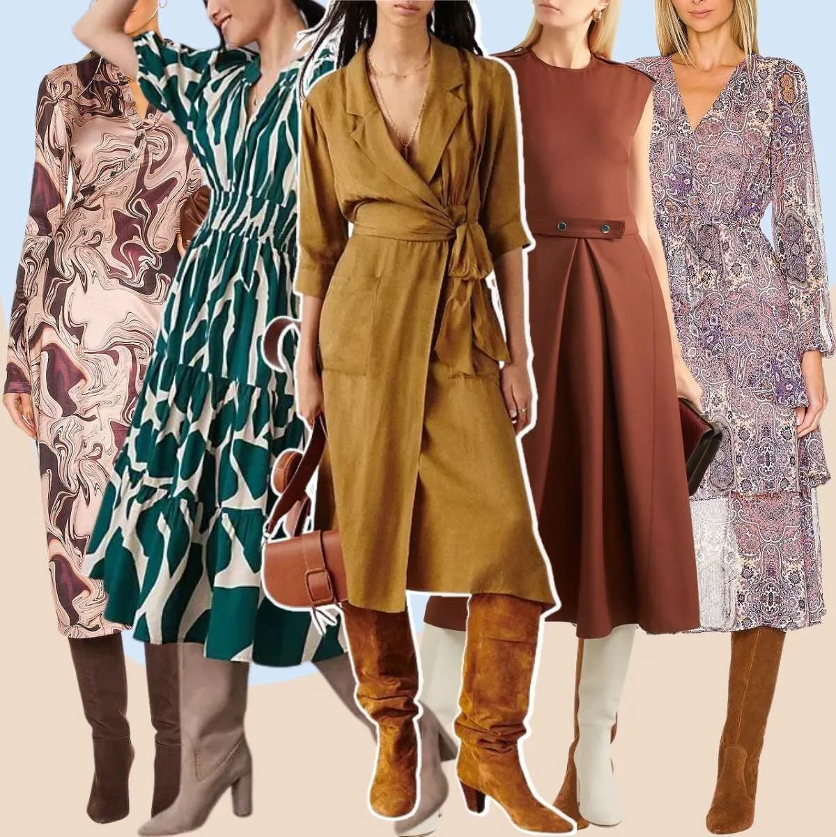 Collage of 5 women different knee boots with midi dresses.