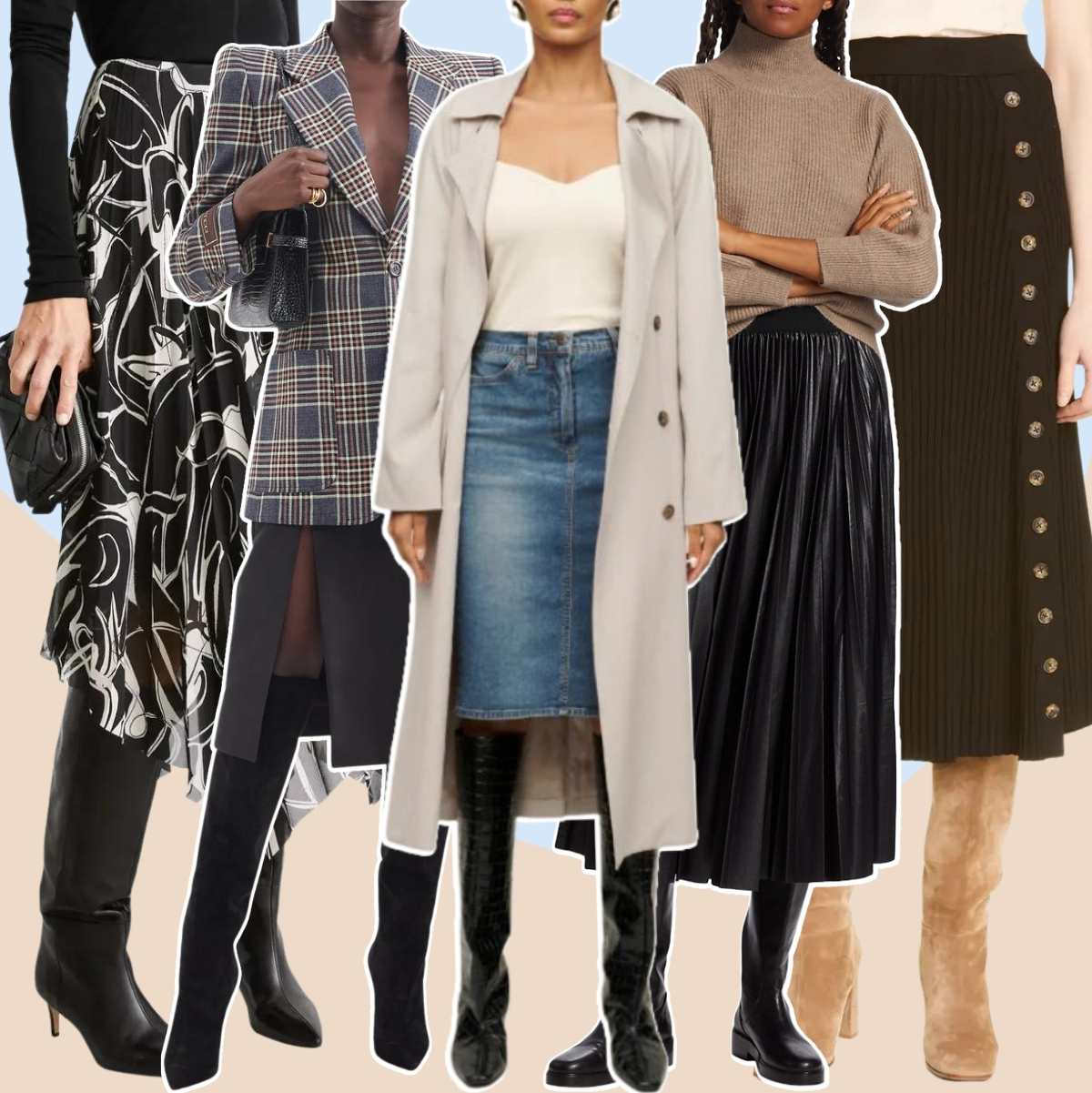 Collage of 5 women different knee boots with midi skirts.