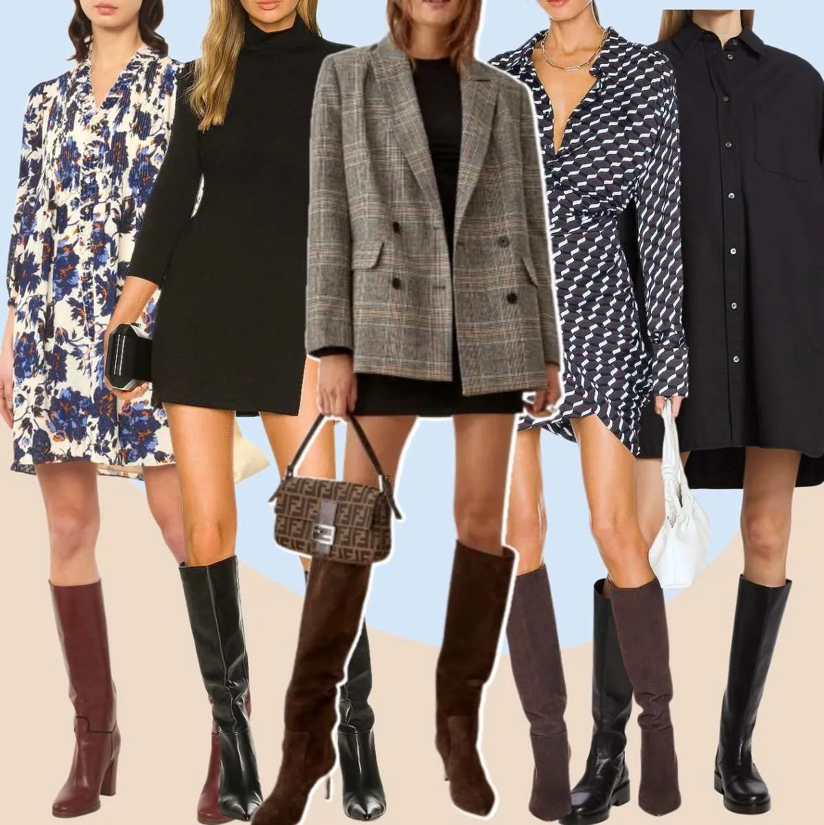 Collage of 5 women different knee boots with mini dresses.