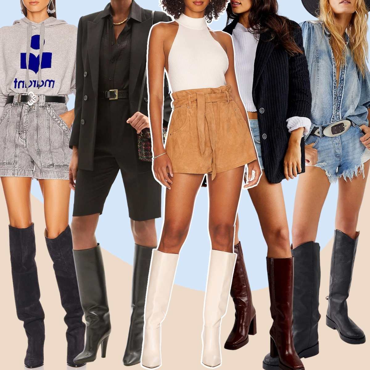 Collage of 5 women different knee boots with shorts.