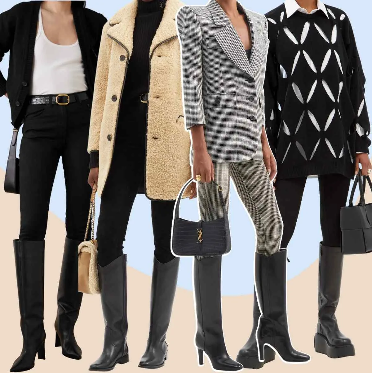 Collage of 5 women different knee boots with leggings.