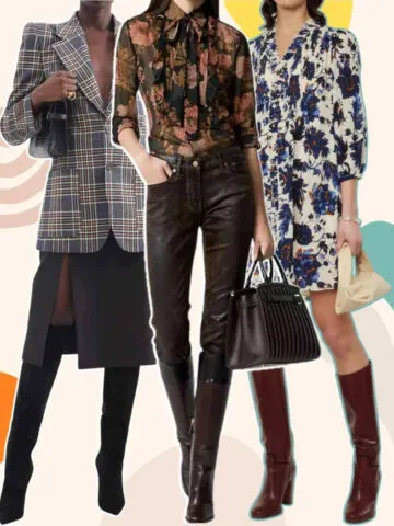 Collage of 3 women wearing different knee high boot outfits over patterned background.