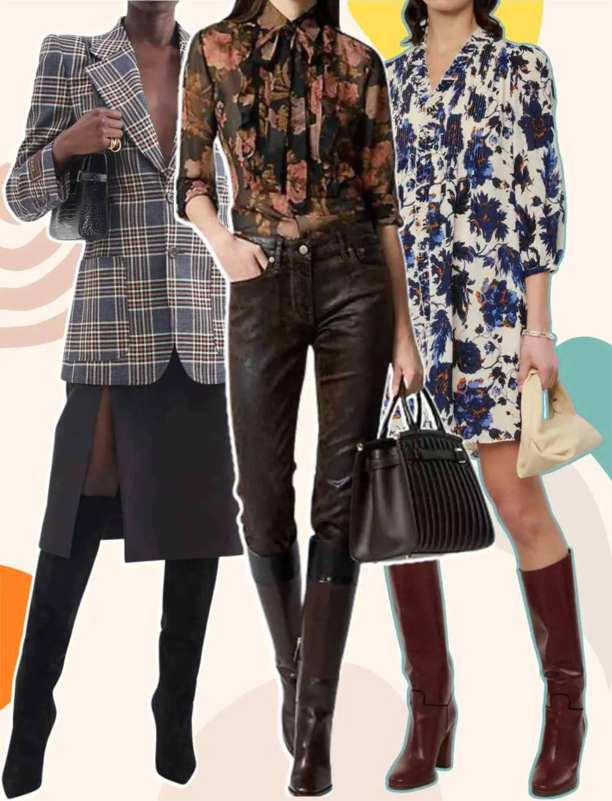 Collage of 3 women wearing different knee high boot outfits over patterned background.