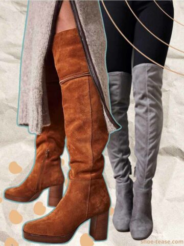 Cropped view of 2 women's legs wearing over the knee boots in caramel and grey colors on beige background with dots.