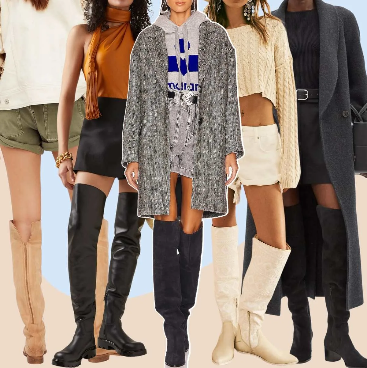 Collage of 5 women wearing thigh high boots outfits with shorts.