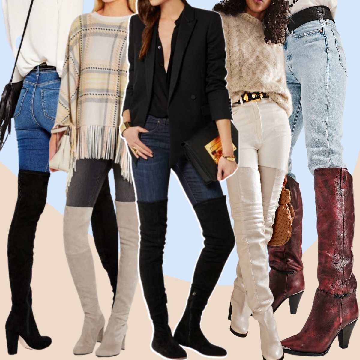 Collage of 5 women wearing different thigh high outfits with jeans.