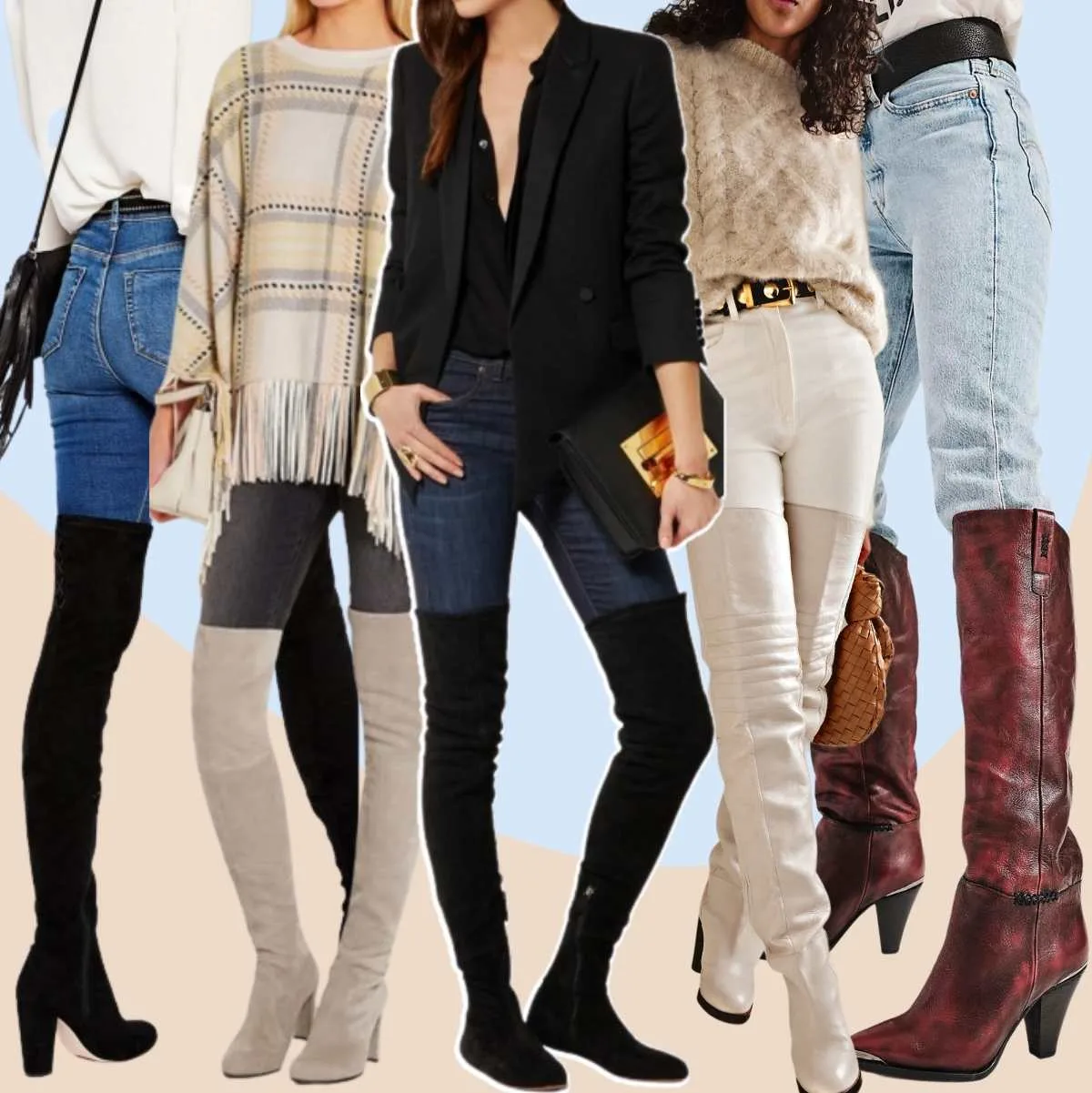 Collage of 5 women wearing different thigh high outfits with jeans.