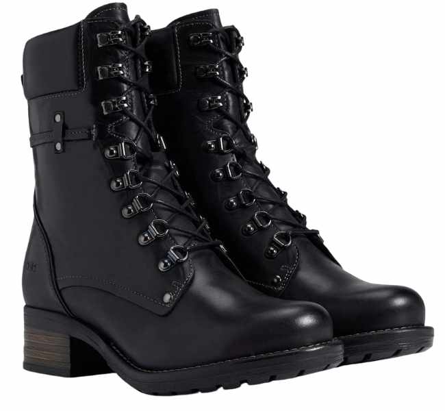 Heeled black Taos Dreamer combat boots for women.