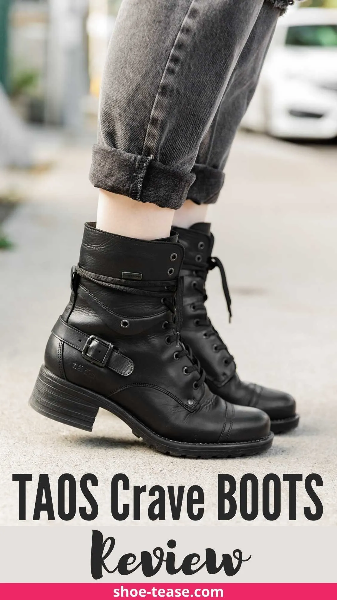 Cropped view of woman's feet wearing Taos crave combat boots in black waterproof with cuffed grey jeans with text reading Taos Crave boots review.