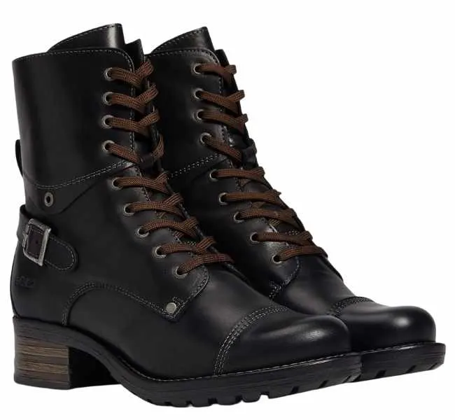 Heeled black Taos Crave combat boots with brown laces for women.