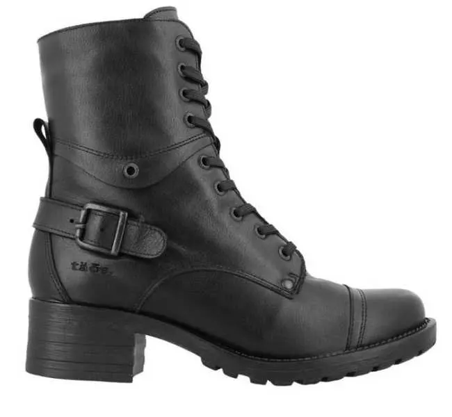 Black block heel combat boots on white background.