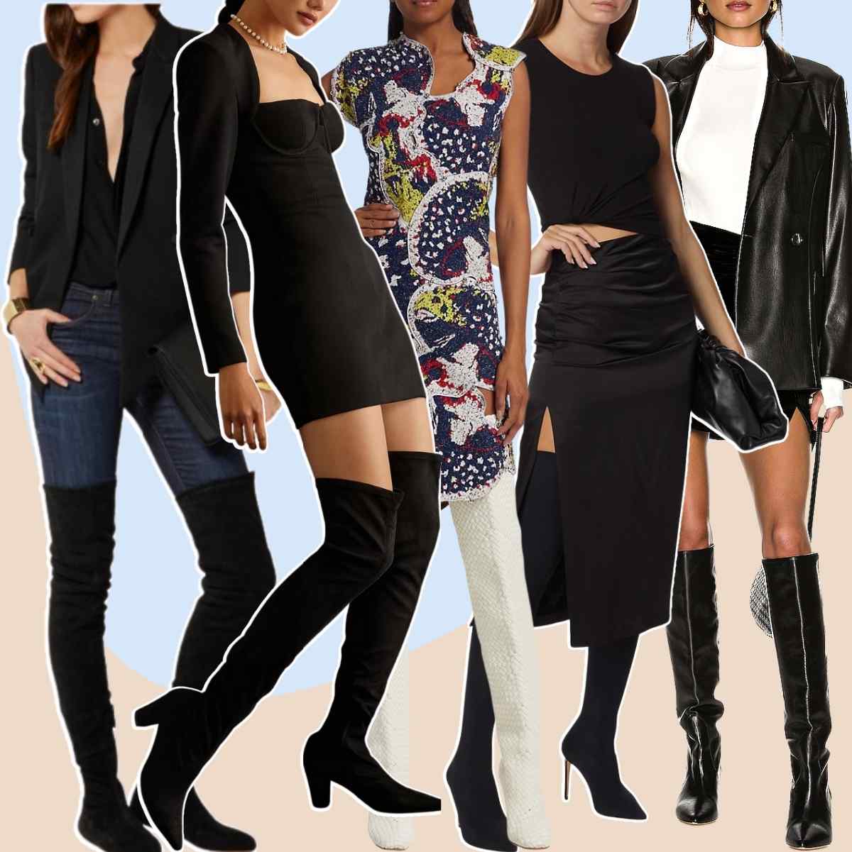 Collage of 4 women wearing thigh high boots outfits for a night out.