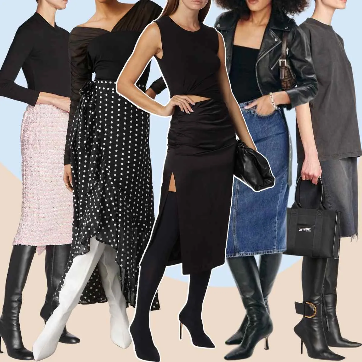 Collage of 5 women wearing thigh high boots outfits with midi skirts.