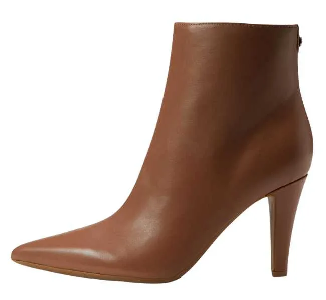 Brown leather ankle boot on white background.