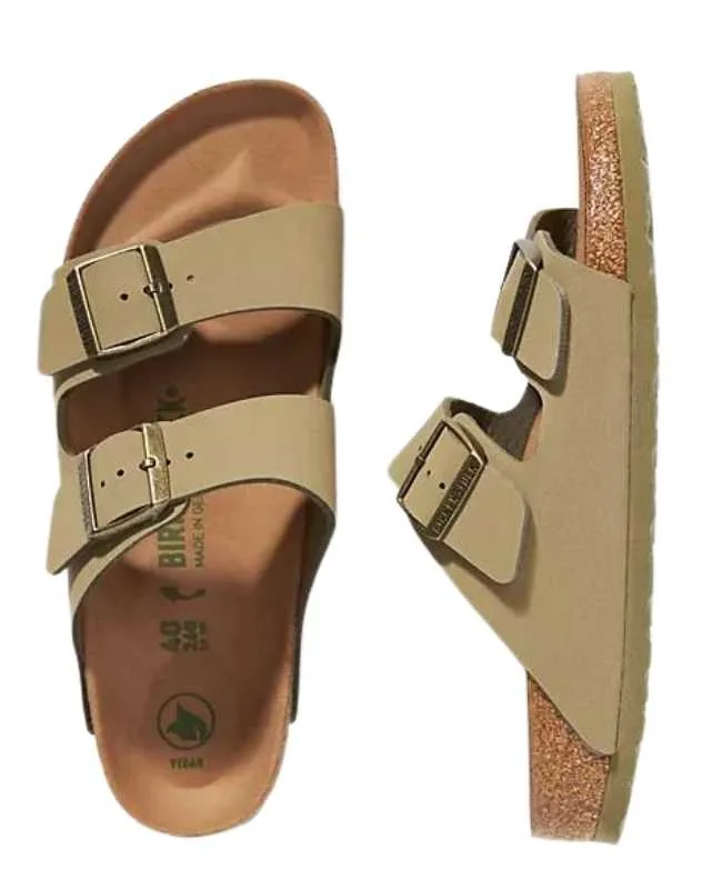 Beige vegan leather open toe slip on buckle detail sandal on white background.
