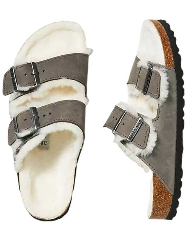 Grey suede slip on open toe white shearling insole sandal on white background.