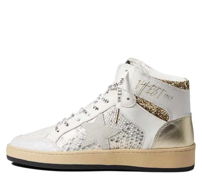 White with gray and gold decoration lace up hightop sneaker on white background.