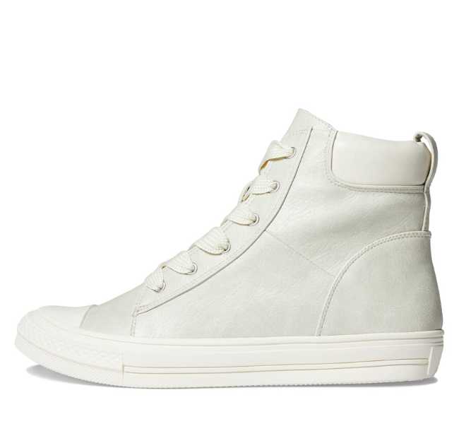 Bone white lace up hightop sneaker on white background.