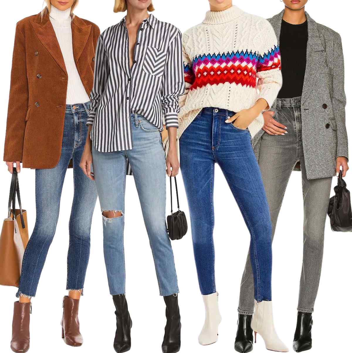 Collage of 4 women wearing ankle boot outfits with skinny jeans.