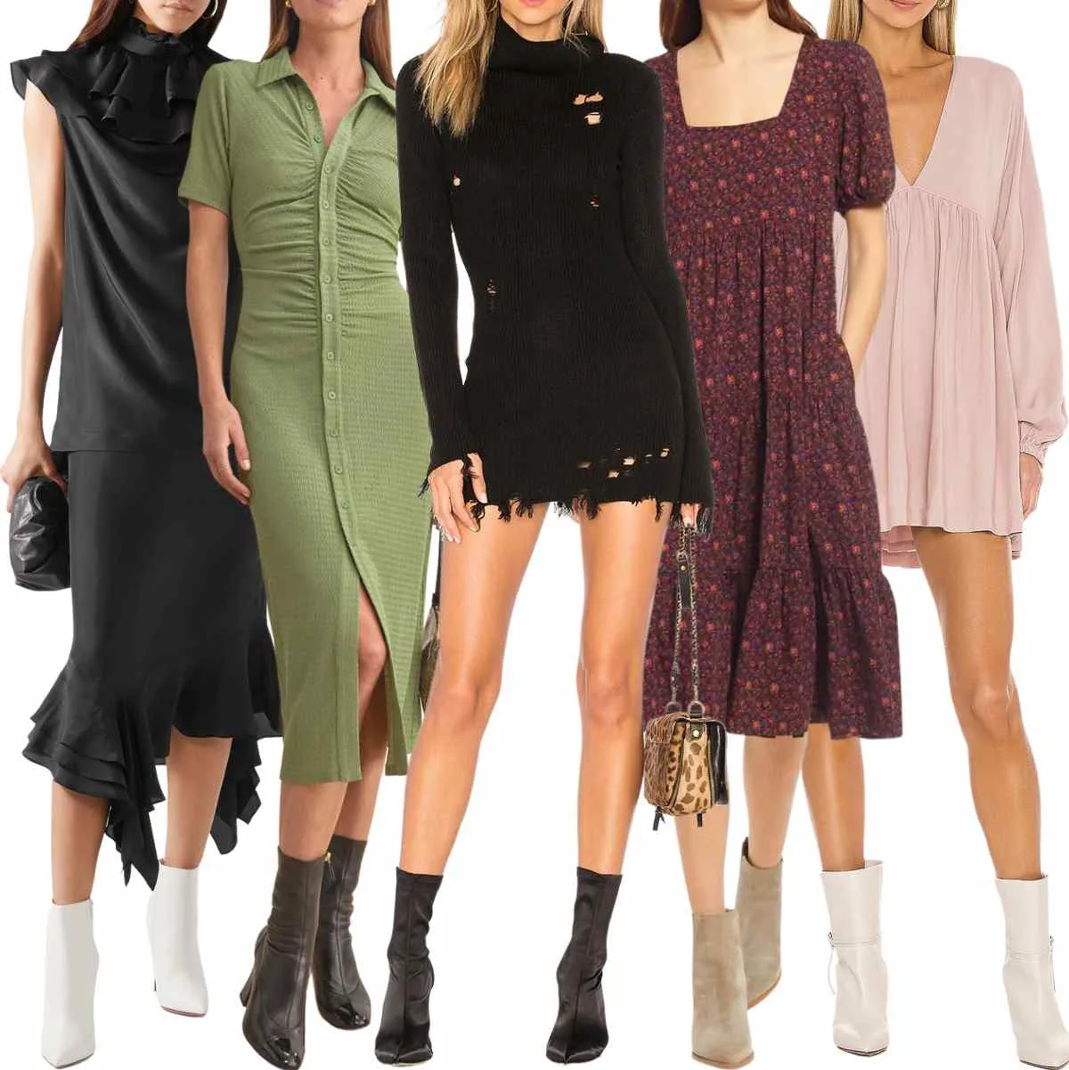 Collage of 5 women wearing different dresses with ankle boots.