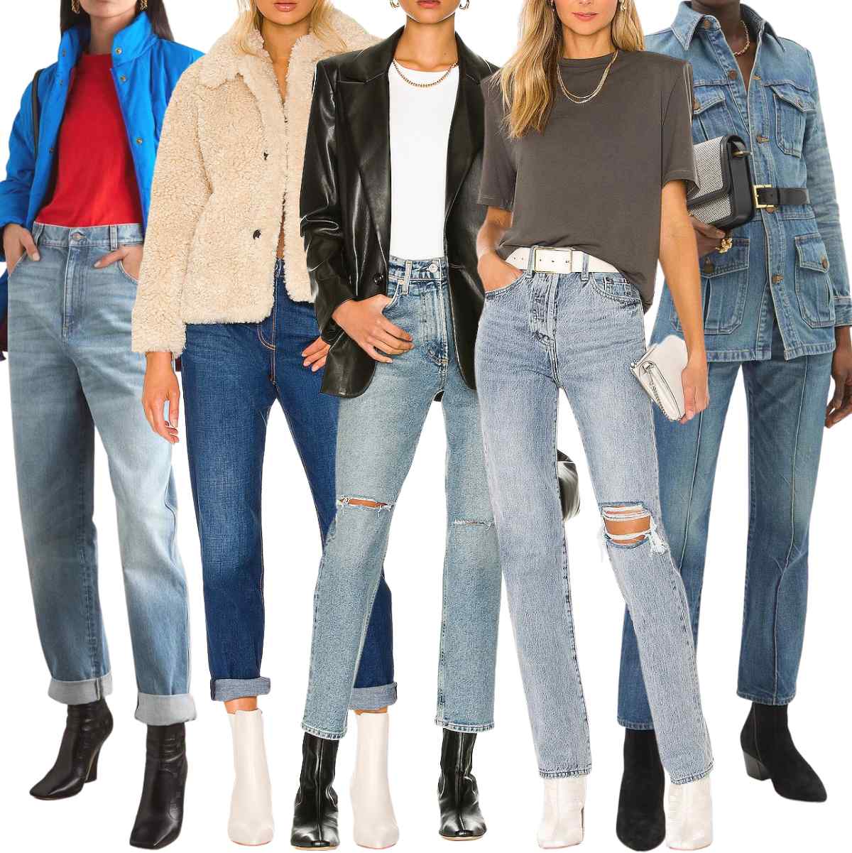 Collage of 5 women wearing ankle boot outfits with straight leg jeans.