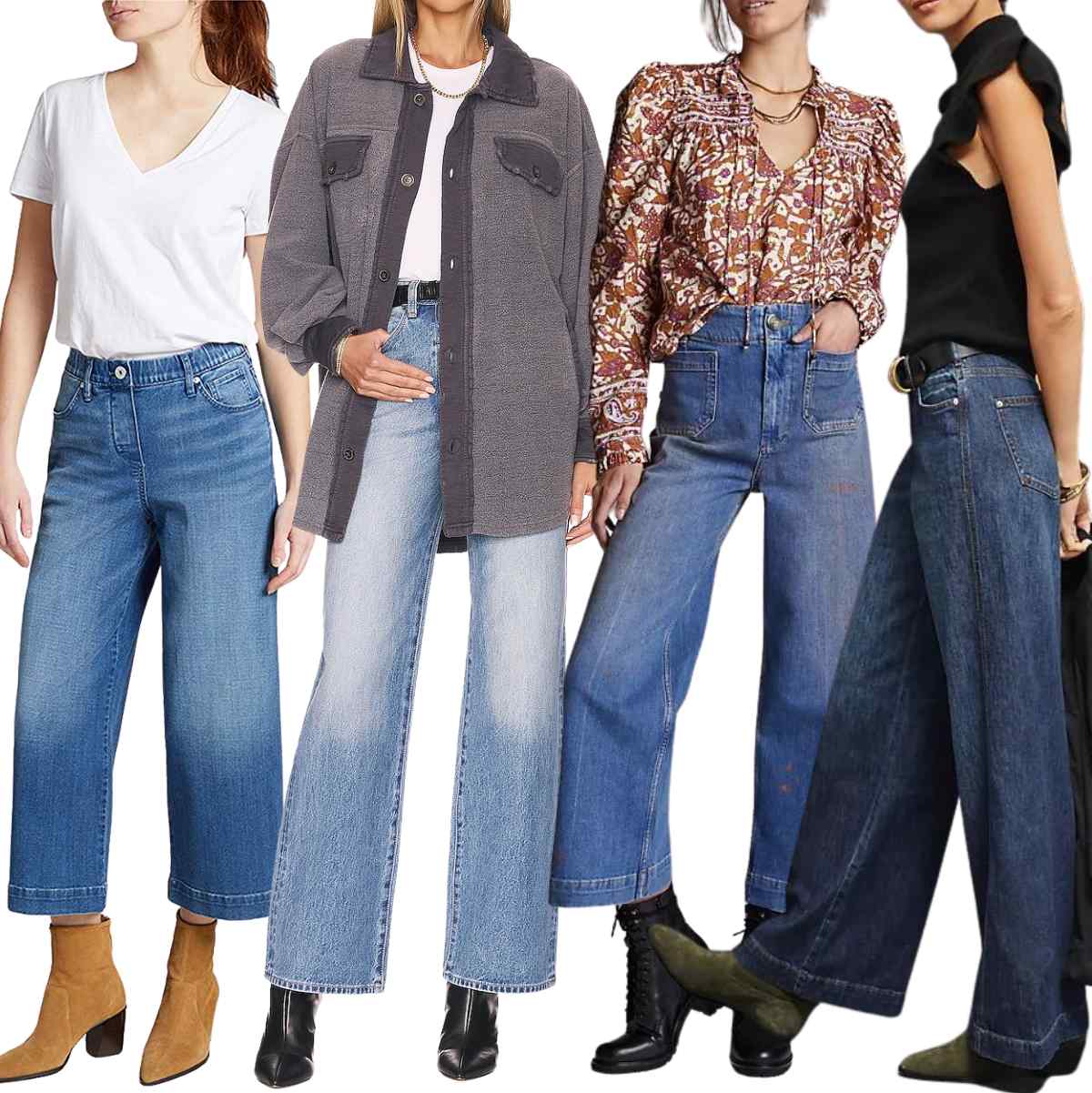 Collage of 4 women wearing ankle boot outfits with wide leg jeans.