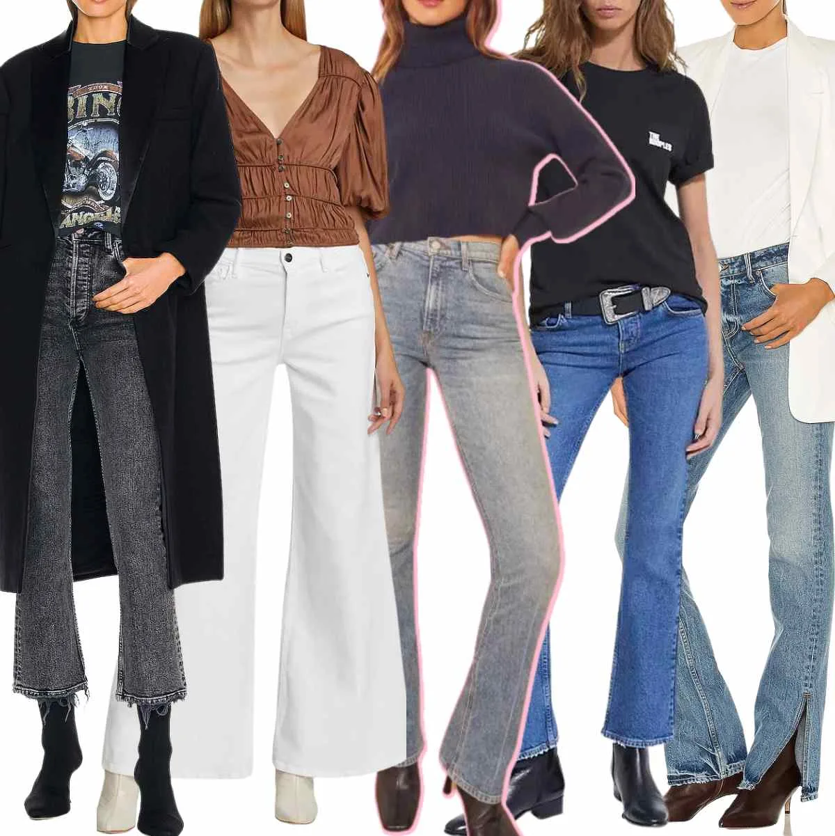 Collage of 4 women wearing ankle boot outfits with flare jeans.