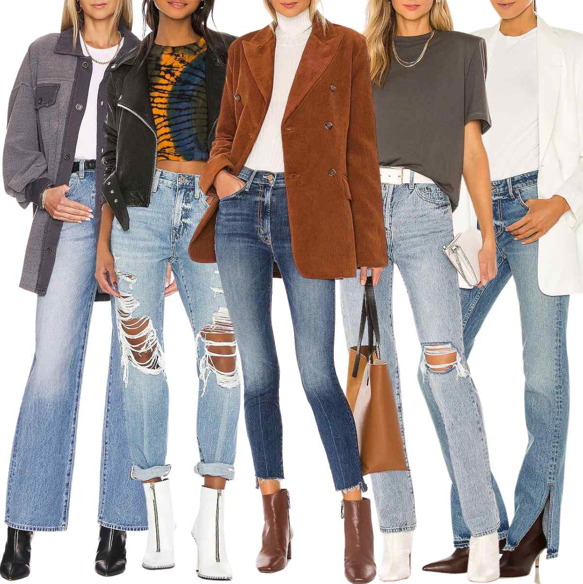 Collage of 5 women wearing different blue jean outfits with ankle boots.