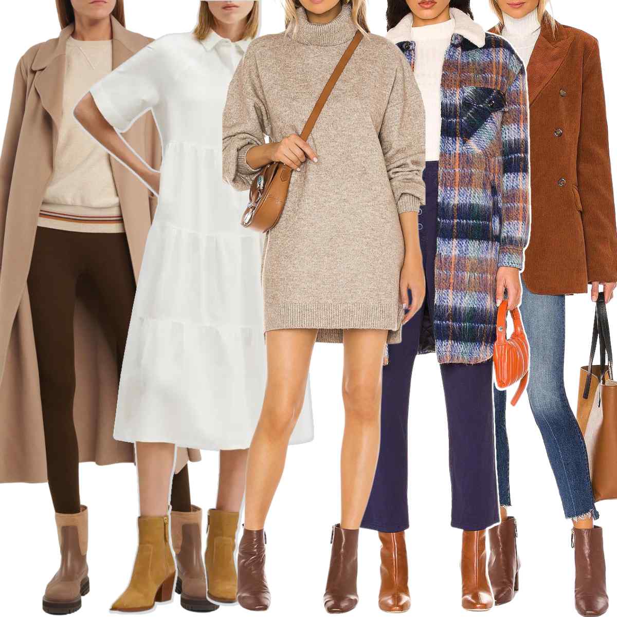 Collage of 5 women wearing different outfits with brown ankle boots.