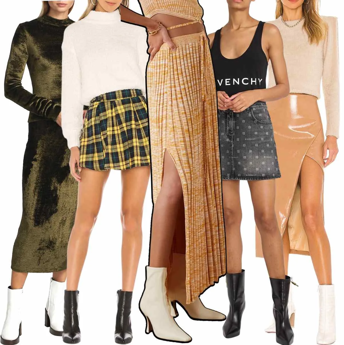 Collage of 5 women wearing different skirt outfits with ankle boots.
