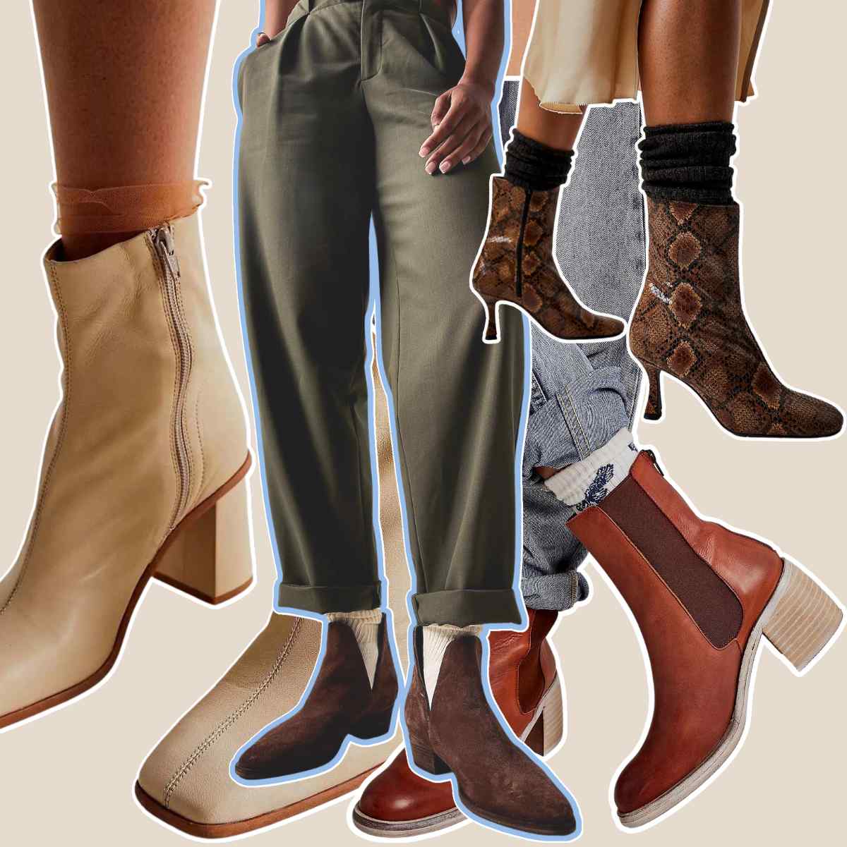 Collage of 4 women's feet wearing ankle boots with socks.