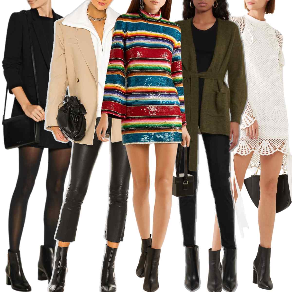 Collage of 5 women wearing different outfits with black ankle boots.