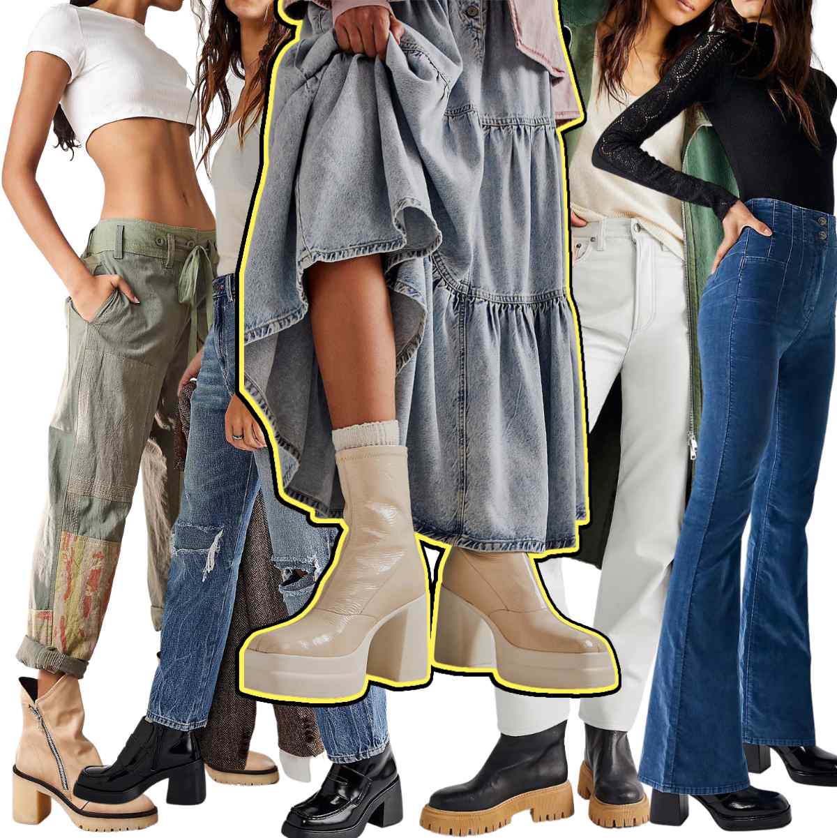 Collage of 5 women wearing chunky ankle boots outfits.